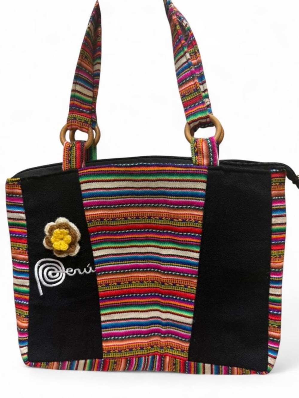 Multicolor Striped Tote Bag with Black Panels